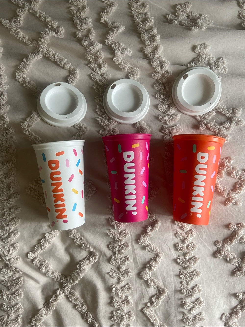 DUNKIN’ ; Reusable Coffee Tumblers - White, Pink & Orange (Set of 3)
